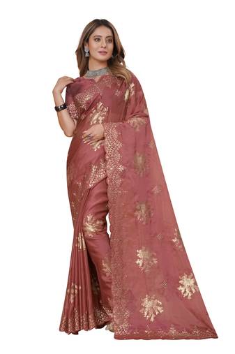 Peach sequin Resham Embroidery Organza Silk Saree