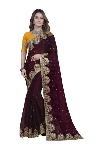 Wine Zari Zarkan Resham Embroidery Silk Saree