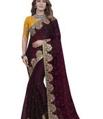 Wine Zari Zarkan Resham Embroidery Silk Saree