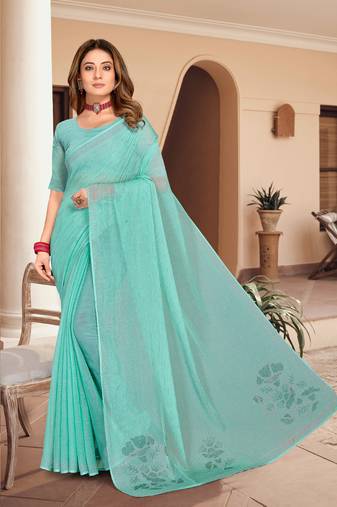Rama Green Siroski Stone Work Shimmer Silk Saree