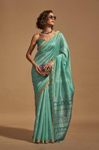 Weaving Handloom Silk Blend Classic Saree In Aqua Blue