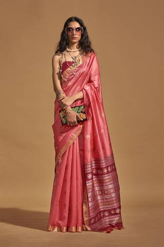 Weaving Handloom Silk Blend Classic Saree In Crimson
