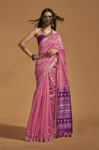 Weaving Handloom Silk Blend Classic Saree In Pink