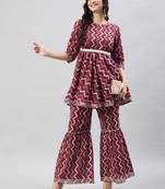 Winered woman maroon chevron print self belt sharara set