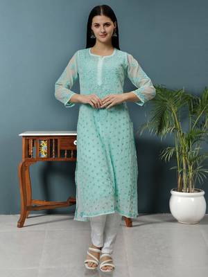 hand embroidered sea green georgette lucknowi chikan kurta with slip 1