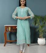 hand embroidered sea green georgette lucknowi chikan kurta with slip