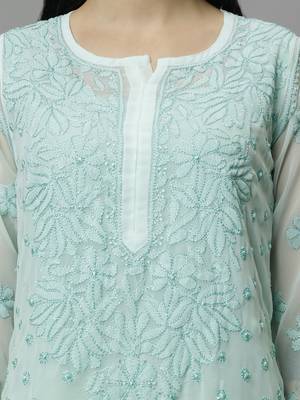hand embroidered sea green georgette lucknowi chikan kurta with slip 2