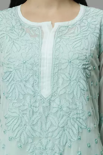 hand embroidered sea green georgette lucknowi chikan kurta with slip
