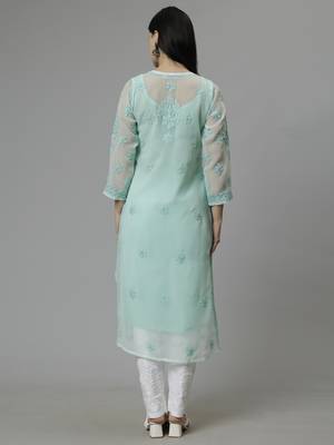 hand embroidered sea green georgette lucknowi chikan kurta with slip 3