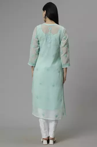 hand embroidered sea green georgette lucknowi chikan kurta with slip