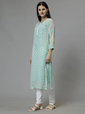 hand embroidered sea green georgette lucknowi chikan kurta with slip 4