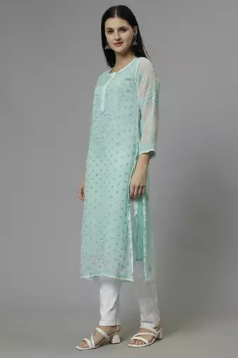 hand embroidered sea green georgette lucknowi chikan kurta with slip