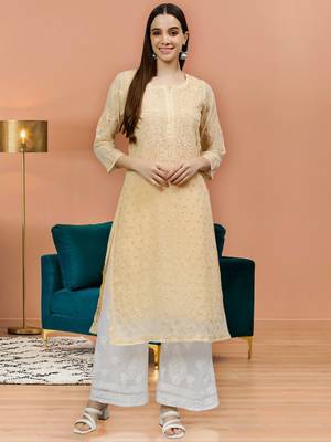 hand embroidered beige georgette lucknowi chikan kurta with slip 1
