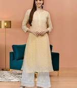 hand embroidered beige georgette lucknowi chikan kurta with slip
