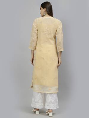hand embroidered beige georgette lucknowi chikan kurta with slip 2