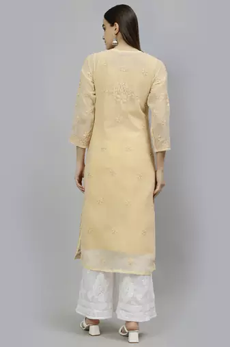 hand embroidered beige georgette lucknowi chikan kurta with slip