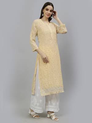 hand embroidered beige georgette lucknowi chikan kurta with slip 3