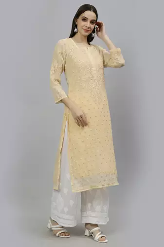 hand embroidered beige georgette lucknowi chikan kurta with slip