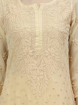hand embroidered beige georgette lucknowi chikan kurta with slip 4