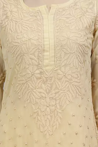 hand embroidered beige georgette lucknowi chikan kurta with slip