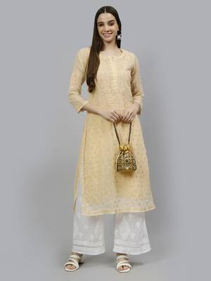 hand embroidered beige georgette lucknowi chikan kurta with slip 5