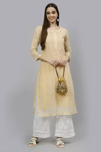 hand embroidered beige georgette lucknowi chikan kurta with slip