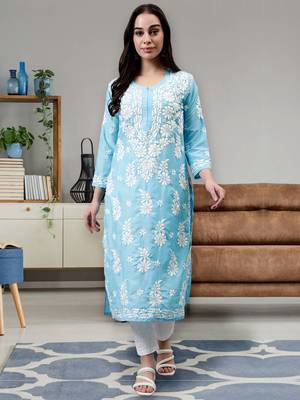 hand embroidered blue muslin lucknowi chikan kurta 1