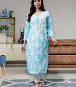 hand embroidered blue muslin lucknowi chikan kurta