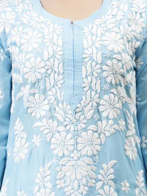 hand embroidered blue muslin lucknowi chikan kurta 2