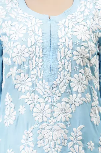 hand embroidered blue muslin lucknowi chikan kurta