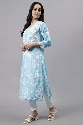 hand embroidered blue muslin lucknowi chikan kurta