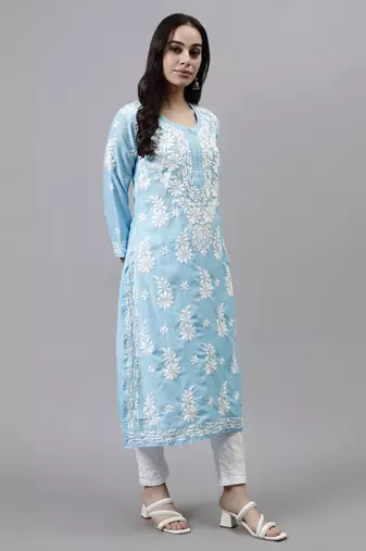 hand embroidered blue muslin lucknowi chikan kurta