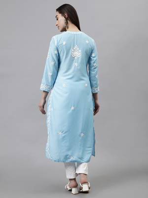hand embroidered blue muslin lucknowi chikan kurta 5