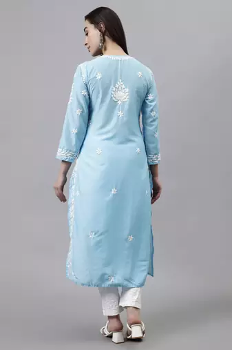 hand embroidered blue muslin lucknowi chikan kurta