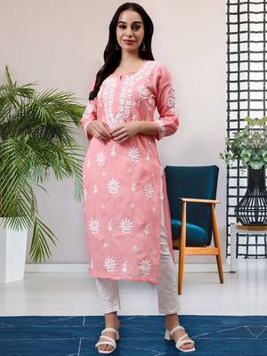 hand embroidered peach terivoil lucknowi chikan kurta 1