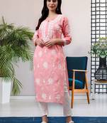 hand embroidered peach terivoil lucknowi chikan kurta