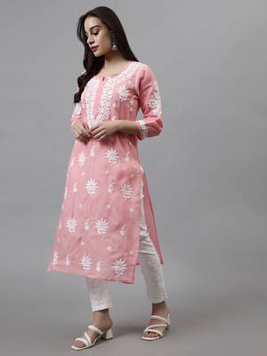 hand embroidered peach terivoil lucknowi chikan kurta 2