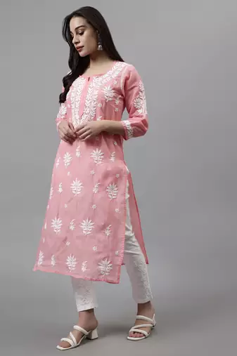 hand embroidered peach terivoil lucknowi chikan kurta