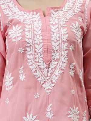 hand embroidered peach terivoil lucknowi chikan kurta 3