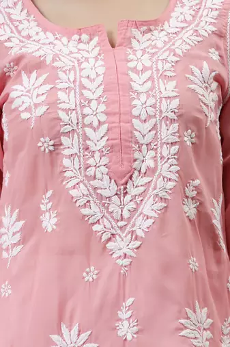 hand embroidered peach terivoil lucknowi chikan kurta