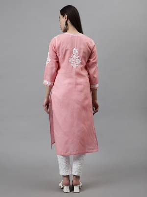 hand embroidered peach terivoil lucknowi chikan kurta 4