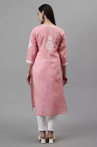 hand embroidered peach terivoil lucknowi chikan kurta