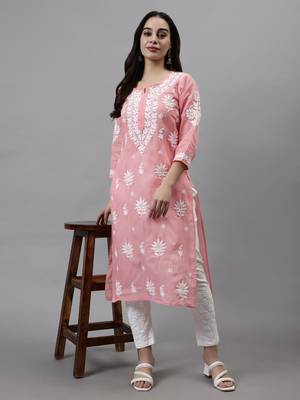 hand embroidered peach terivoil lucknowi chikan kurta 5