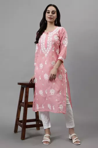 hand embroidered peach terivoil lucknowi chikan kurta