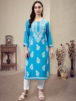 hand embroidered firozi blue rayon lucknowi chikan kurta 1