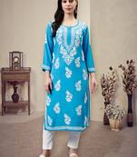 hand embroidered firozi blue rayon lucknowi chikan kurta