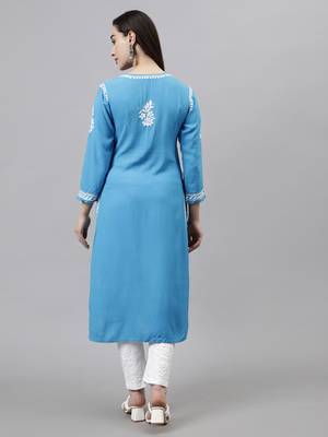 hand embroidered firozi blue rayon lucknowi chikan kurta 2