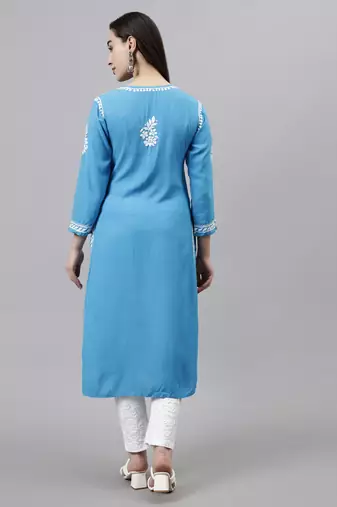 hand embroidered firozi blue rayon lucknowi chikan kurta