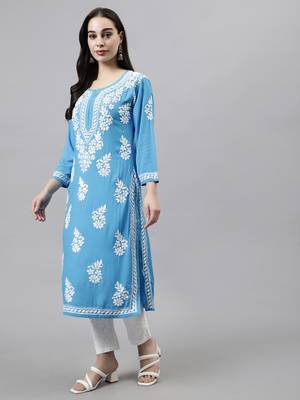 hand embroidered firozi blue rayon lucknowi chikan kurta 3