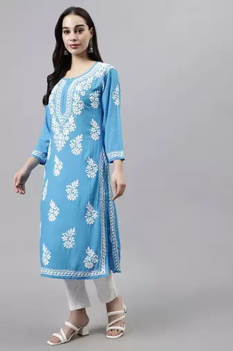 hand embroidered firozi blue rayon lucknowi chikan kurta